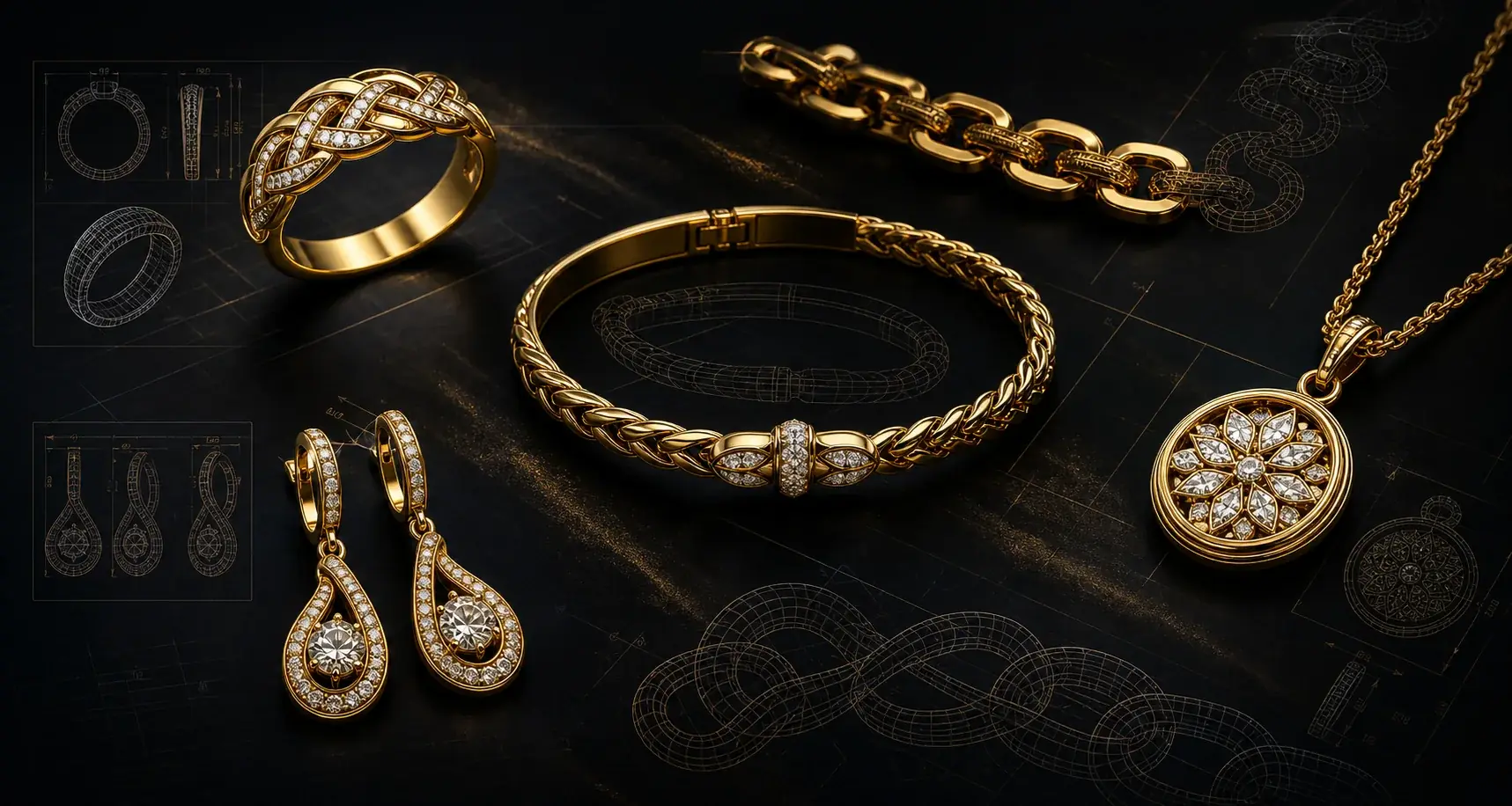 Luxury jewelry CAD showcase spanning multiple service categories