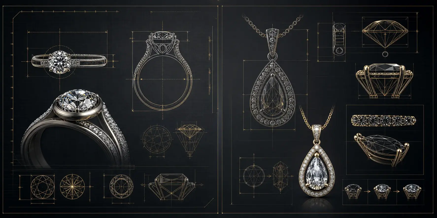 Jewelry blueprint and CAD technical drawing