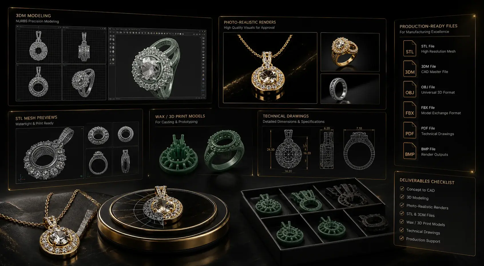Jewelry CAD software screen, STL preview, wax model, and rendering collage